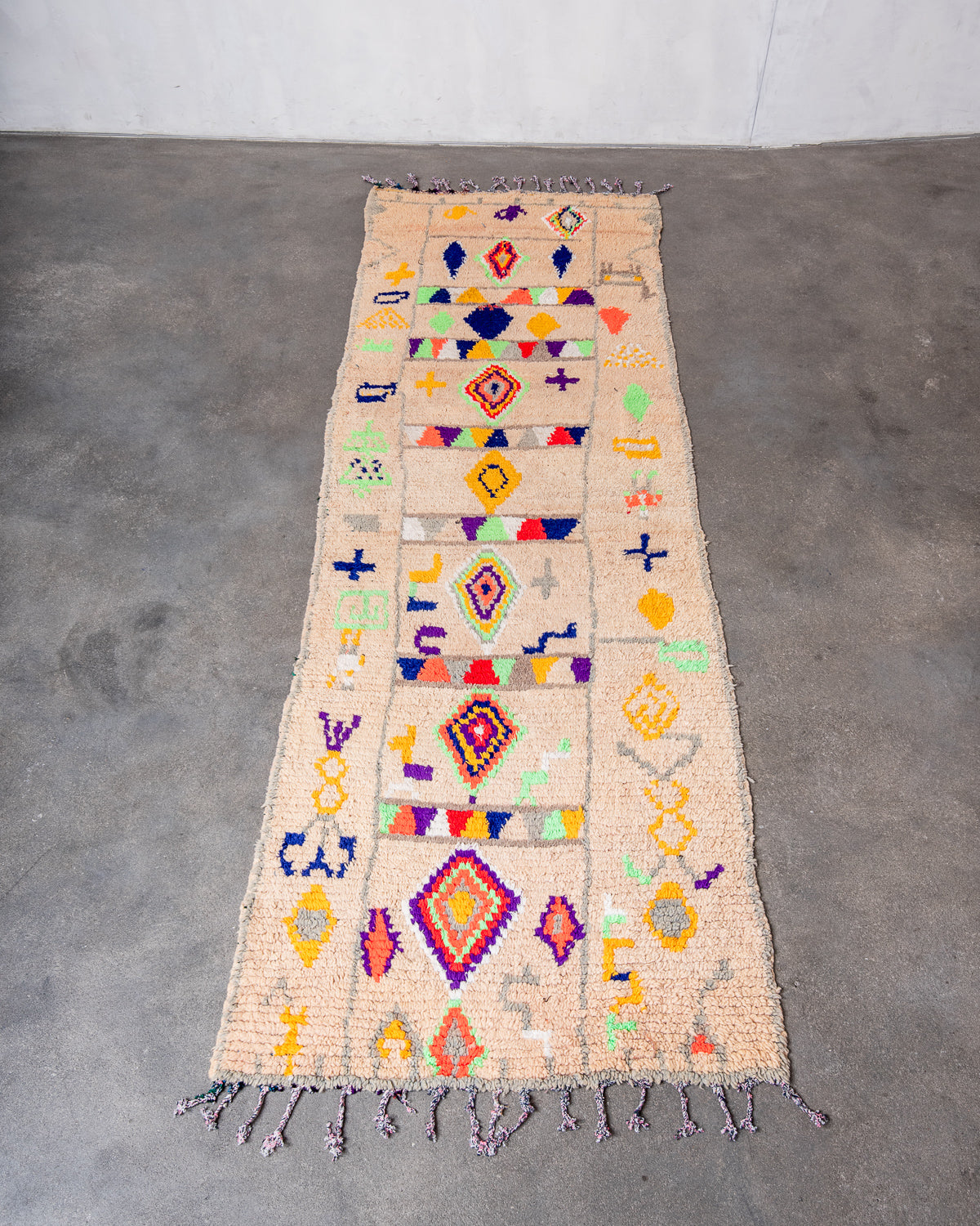 Modern, designer, handcrafted Berber runner rug from Morocco. Vintage carpet with beautiful colours and patterns and fluffy texture.
